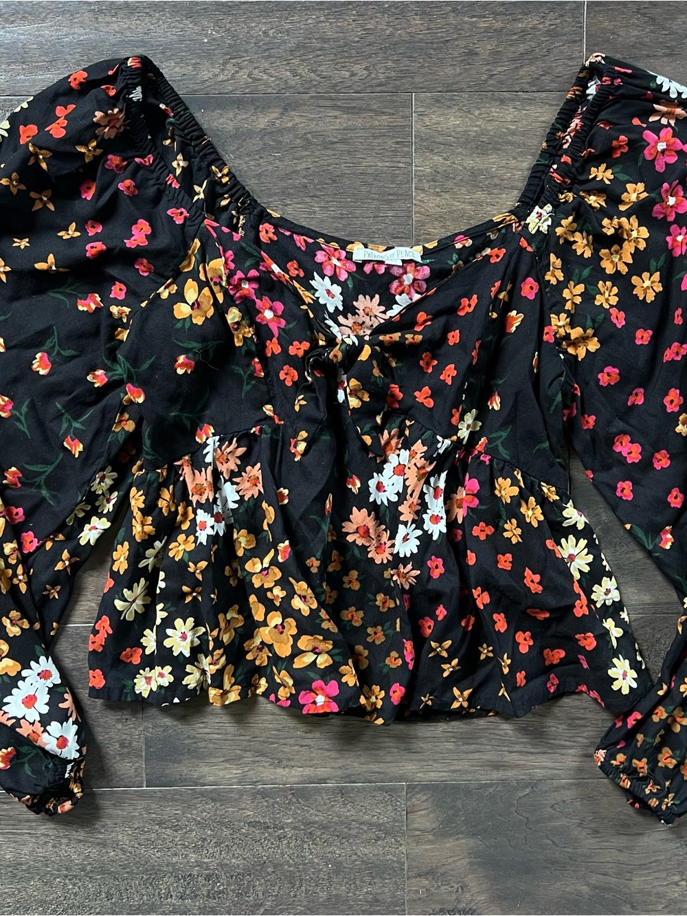 Black Floral Tie-Front Peasant Top Blouse
